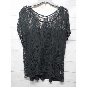Apt 9 Plus Size 1x Black Floral Lace Top Blouse Short Sleeves Sheer